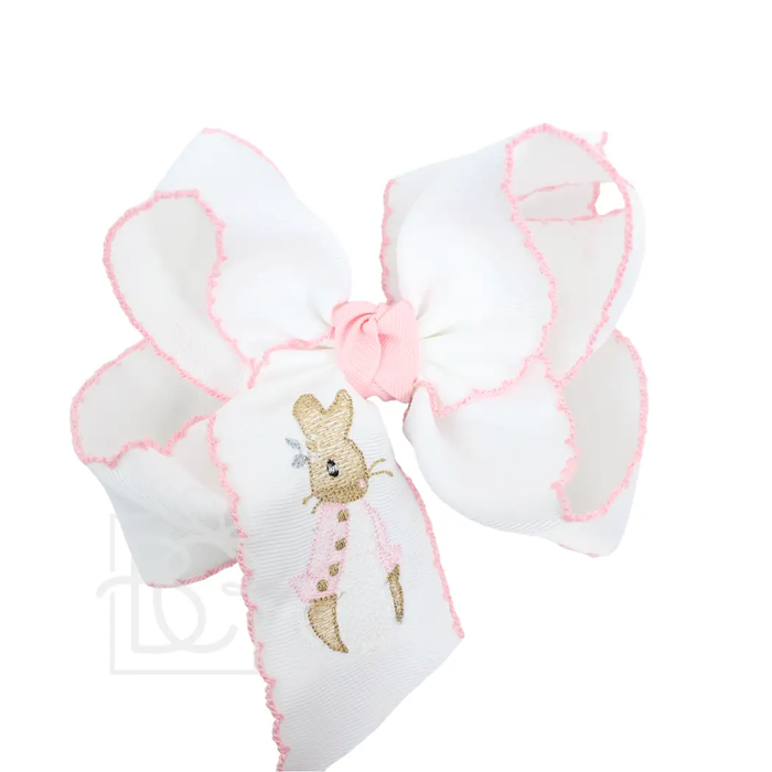 5.5" Embroidered Petunia Rabbit Crochet Edge Hair Bow: White w/ Light Pink Edge