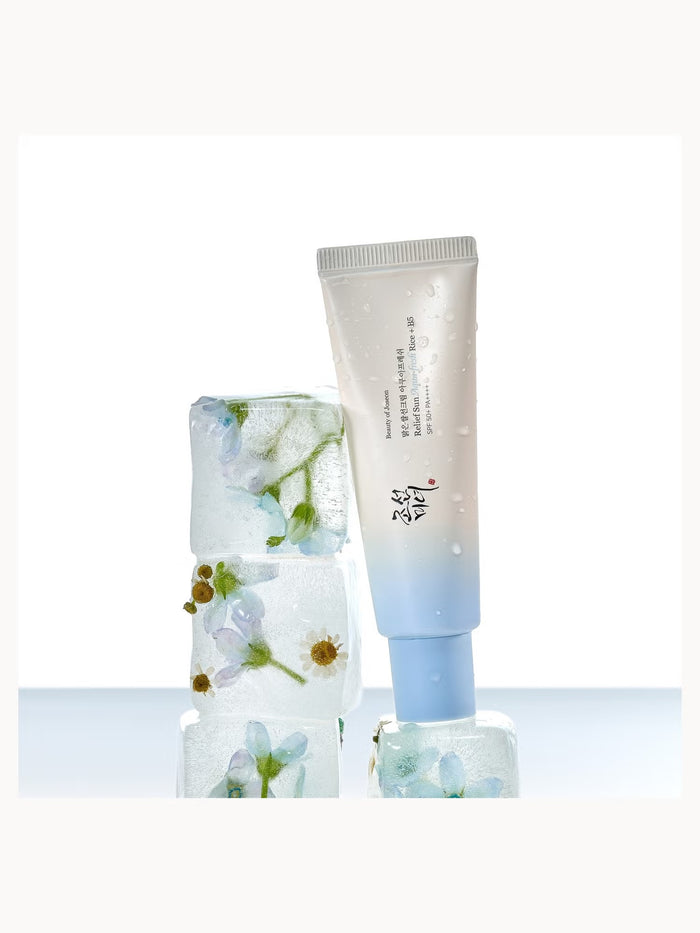 Beauty of Joseon Relief Sun Aqua-Fresh Rice + B5 SPF50+ sun screen in a 50ml tube, showcasing the product's packaging and design.