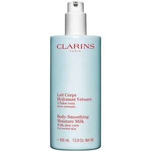 Clarins Body Smoothing Moisture Milk 400ml bottle, moisturizing lotion and body moisturizer with 48-hour hydration.