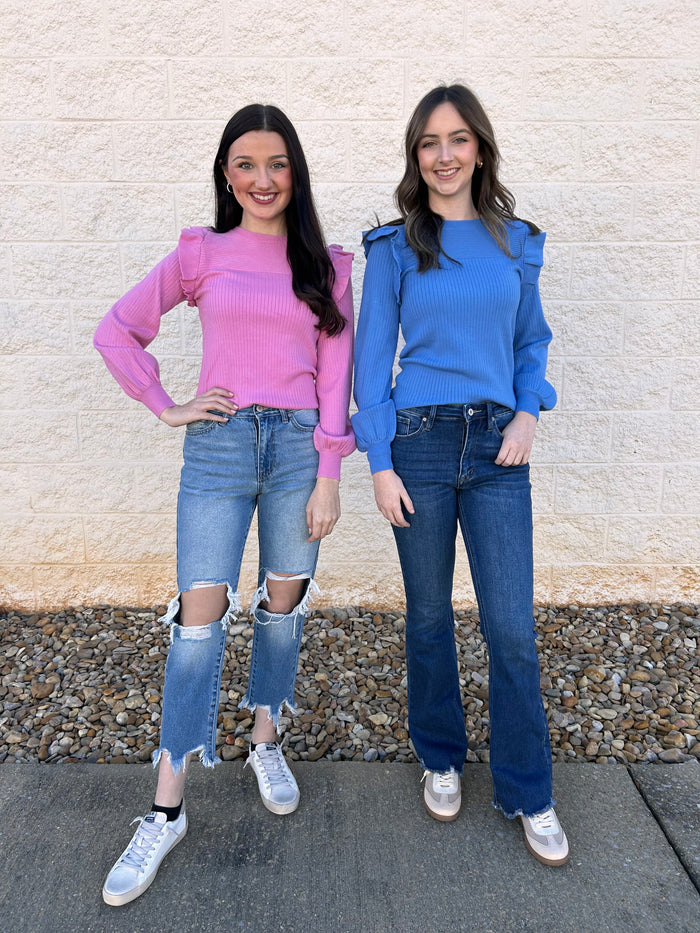 Cobalt Blue Shoulder Ruffle Crewneck Sweater