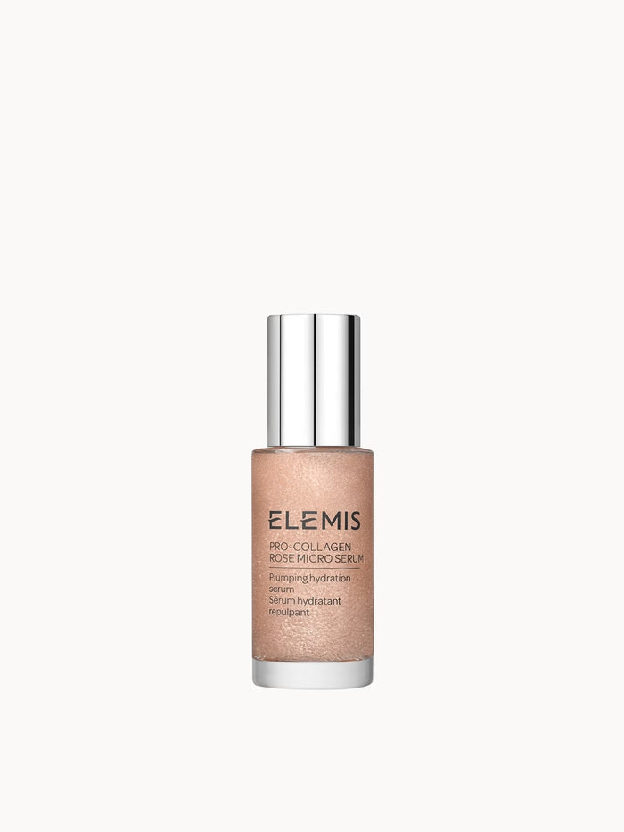 Elemis Pro-Collagen Rose Micro Serum in 30ml bottle, showcasing the elegant packaging and serum applicator.