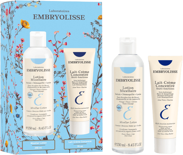 Embryolisse Lait-Crème gift set with white packaging, featuring skincare creams and body products displayed for bath and body care.