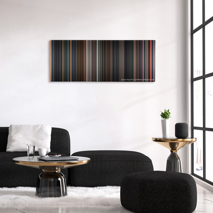 Final Fantasy: The Spirits Within color palette canvas above a black sofa with a gold-topped table