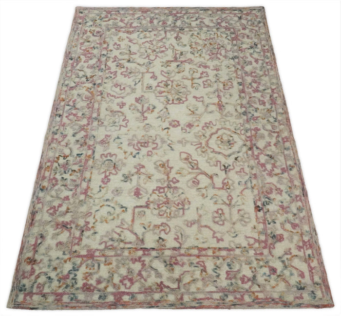 Hand Hooked 5x8 Pink and Beige Wool Textured Loop Area Rug | GAR12 - The Rug Decor