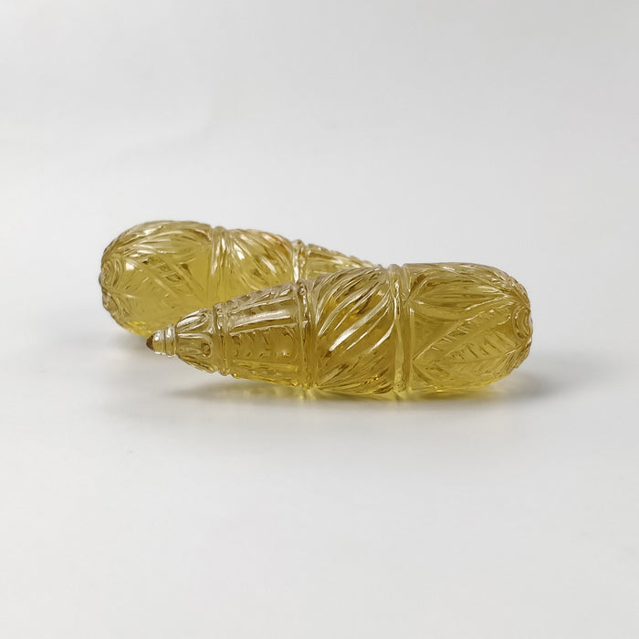 LEMON QUARTZ Gemstone Carving : 115.70cts Natural Untreated Quartz Hand Carved Teardrops Shape 43.5mm Pair