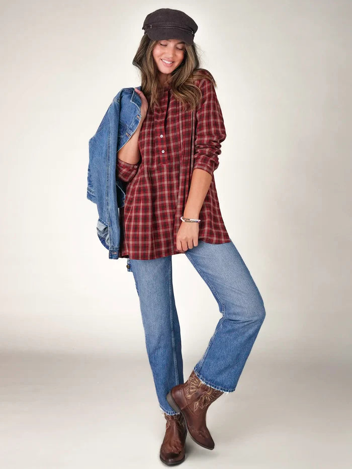 Lowen Cotton Tunic - Cranberry Tan Plaid-view 4