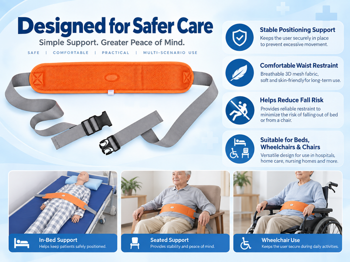Patient safety restraint belt detail view showing padded handles, reinforced stitching and breathable fabric