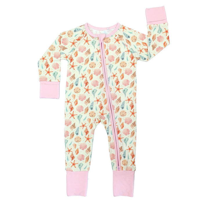 Sandy Seashells Beachy Bamboo Convertible Baby Pajamas: Beige/Multi / 3-6M
