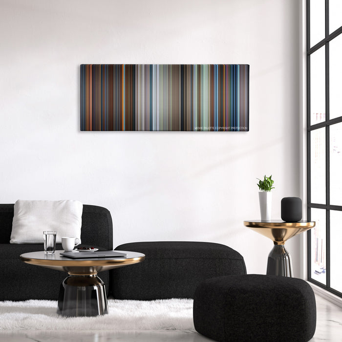 Star Trek IV: The Voyage Home color palette canvas above a black sofa with a gold-topped table