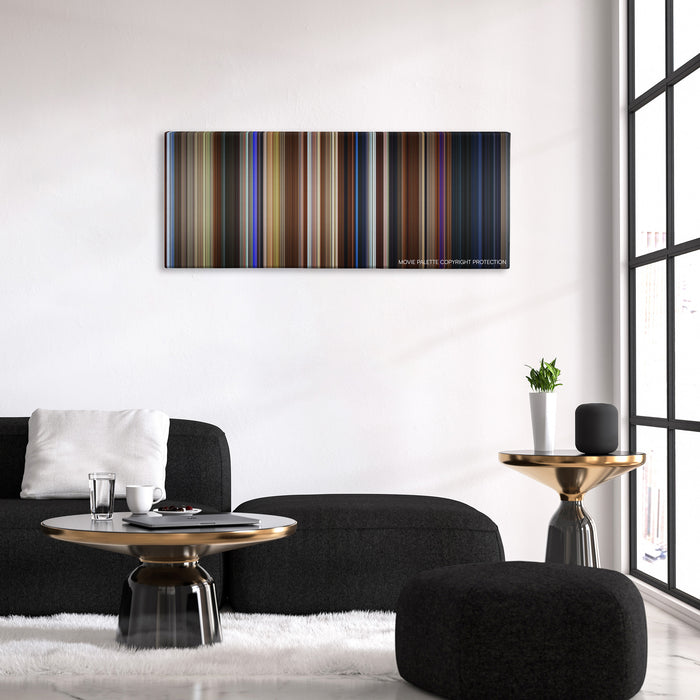 The Craft color palette canvas above a black sofa with a gold-topped table