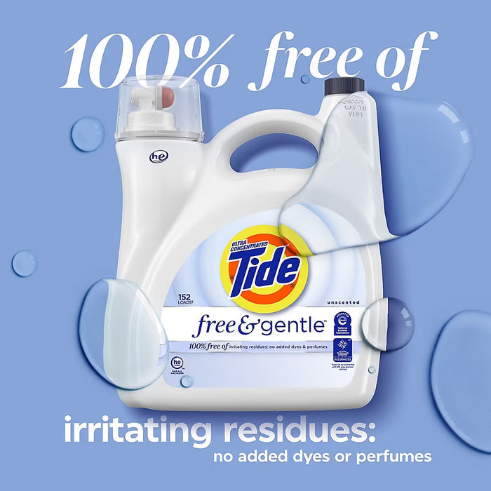 Tide Free & Gentle Liquid Laundry Detergent, Unscented, 152 Loads, 170 fl. oz.