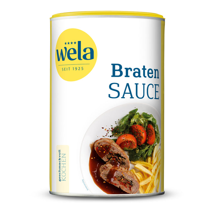 Wela Bratensauce - Vorratsdose mit weiß-gelbem Etikett, Schriftzug und Tellergericht als Motiv.