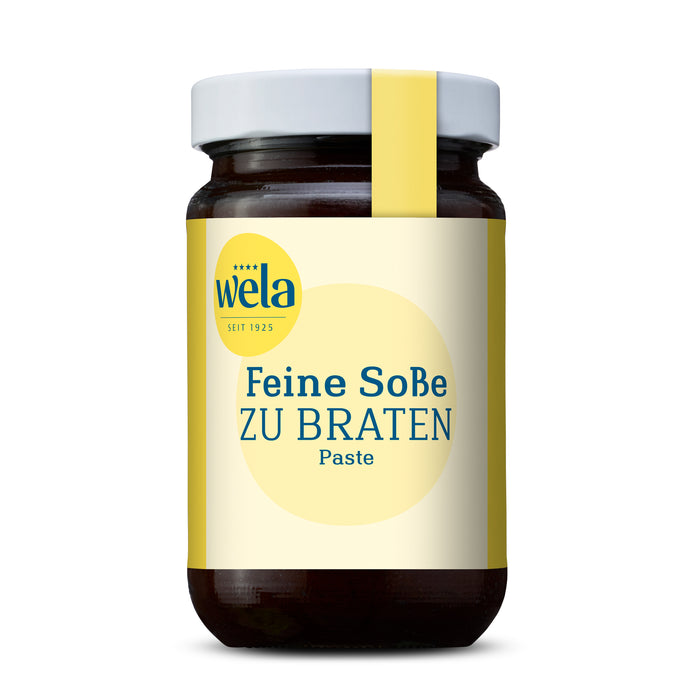 Wela Feine Soße zu Braten Paste - Glas mit dunkler Soßenpaste, gelb-weißem Vorderseitenetikett und gelber Banderole.