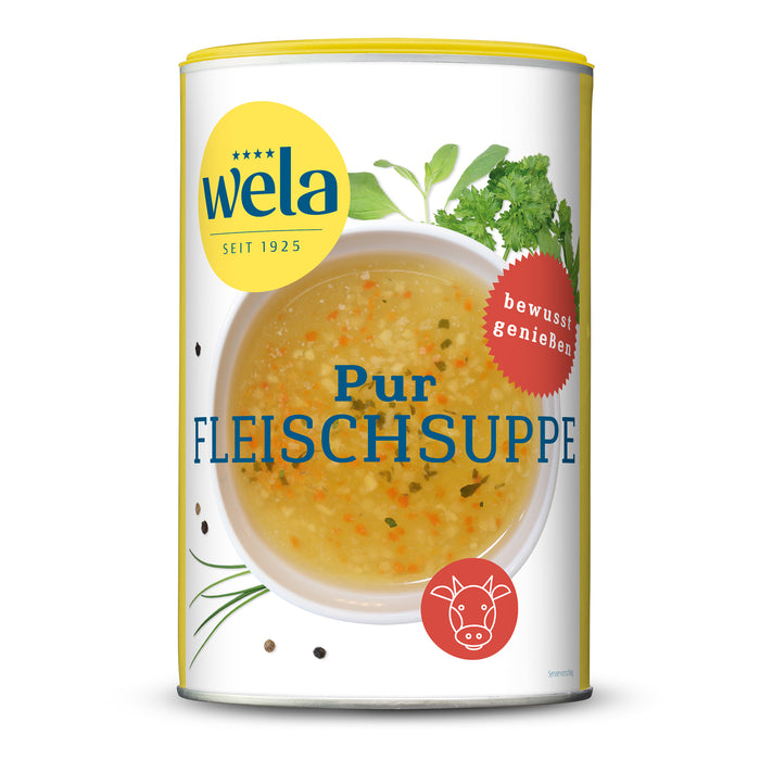 Wela Pur Fleischsuppe gekörnt - Vorratsdose mit gelb-weißem Vorderseitenetikett, Motiv einer Brühe mit Kräutern.