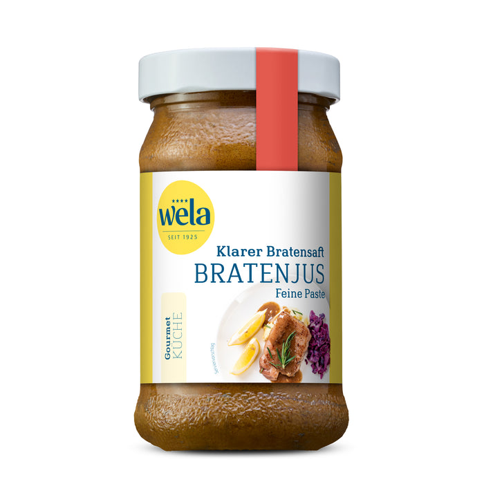 Wela Klarer Bratensaft Bratenjus feine Paste - Glas mit brauner Saucenpaste, gelb-weißem Vorderseitenetikett, rote Banderole, Motiv mit Tellergericht.
