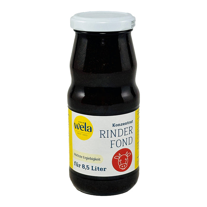 Wela Rinderfond Konzentrat - Flasche mit dunklem Fond und gelb-weißen Etikett.