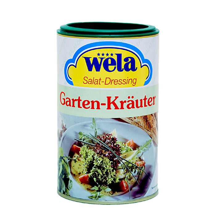 Wela Salat-Dressing Garten-Kräuter - Dose mit Etikett, Produktbezeichnung und Salatmotiv.