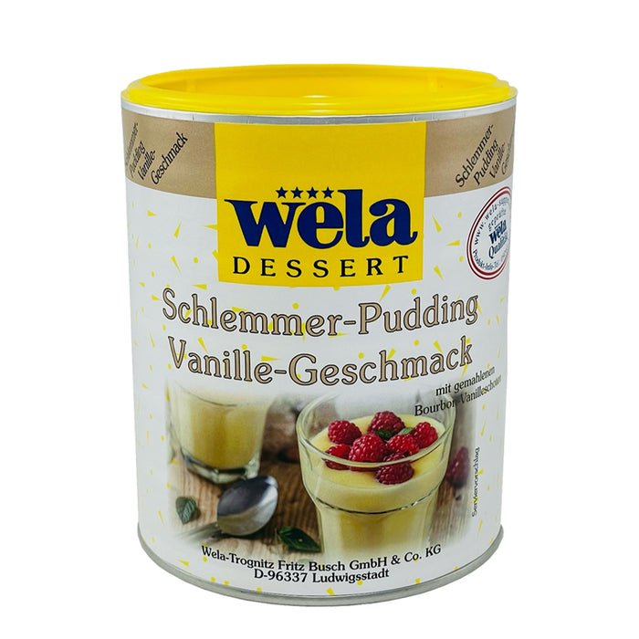 Wela Schlemmer-Pudding Vanille-Geschmack – Dose mit weißem Etikett, Produktbezeichnung und Puddingmotiv.