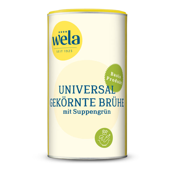 Wela Universal gekörnte Brühe - Vorratsdose mit gelb-weißem Vorderseitenetikett.