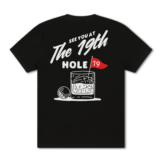 19th Hole Golf Shirt – Funny dad graphic tee with “See You at the 19th Hole” design. Screen print shirt gift for golfers by Dad Brand.