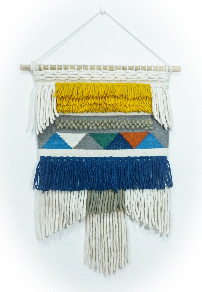 2x3 Wool Hand Woven Blue, White and Gold Boho Wall Hanging | WH2 - The Rug Decor