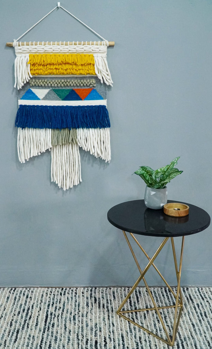 2x3 Wool Hand Woven Blue, White and Gold Boho Wall Hanging | WH2 - The Rug Decor