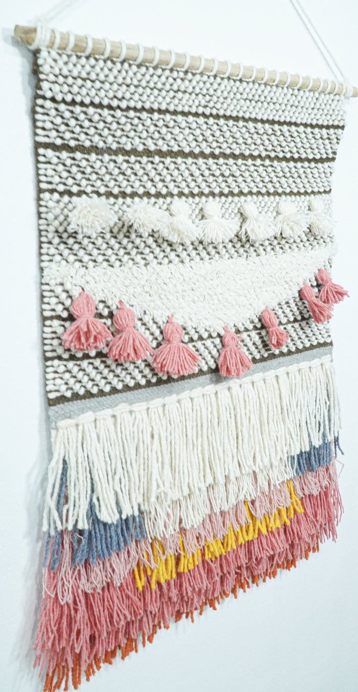 2x3 Wool Hand Woven Brown, White and Pink Boho Wall Hanging | WH1 - The Rug Decor