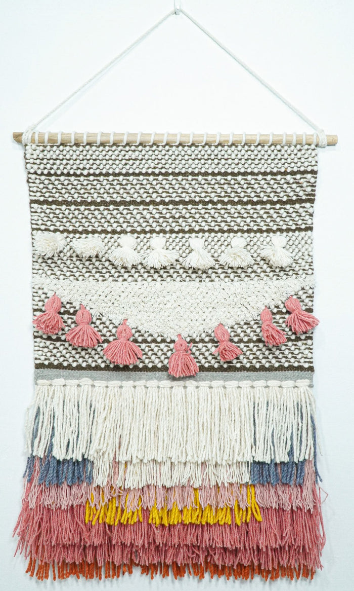 2x3 Wool Hand Woven Brown, White and Pink Boho Wall Hanging | WH1 - The Rug Decor