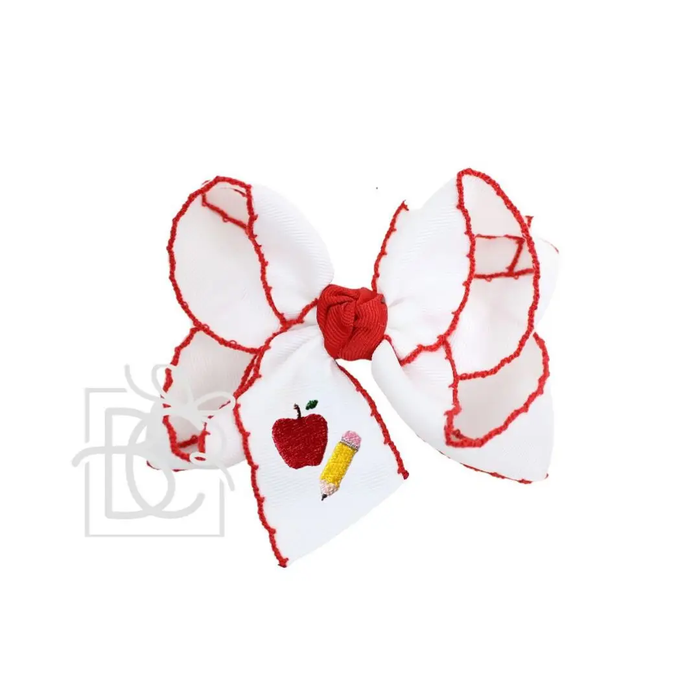 4.5" Embroidered Apple-Pencil Crochet Edge Hair Bow