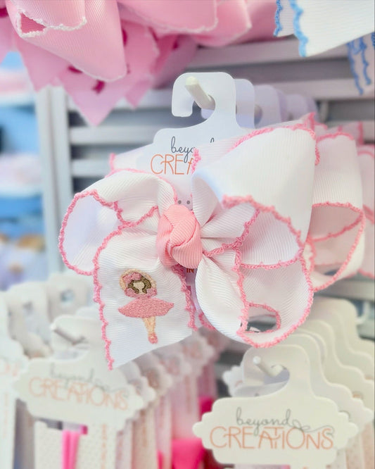 4.5" Embroidered Light Pink Ballerina Crochet Edge Hair Bow