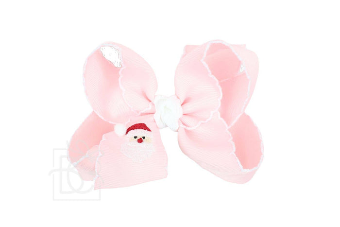 4.5" Embroidered Santa Crochet Edge Hair Bow: Light Pink w/ White Edge