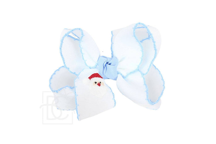 4.5" Embroidered Santa Crochet Edge Hair Bow: White w/ Millennium Blue Edge