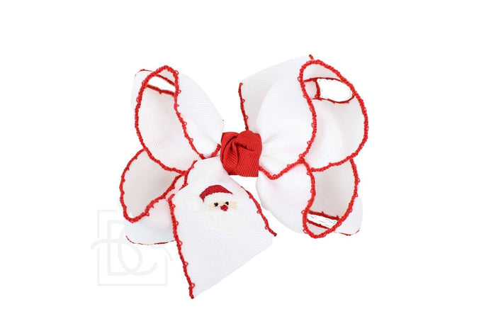 4.5" Embroidered Santa Crochet Edge Hair Bow: White w/ Red Edge