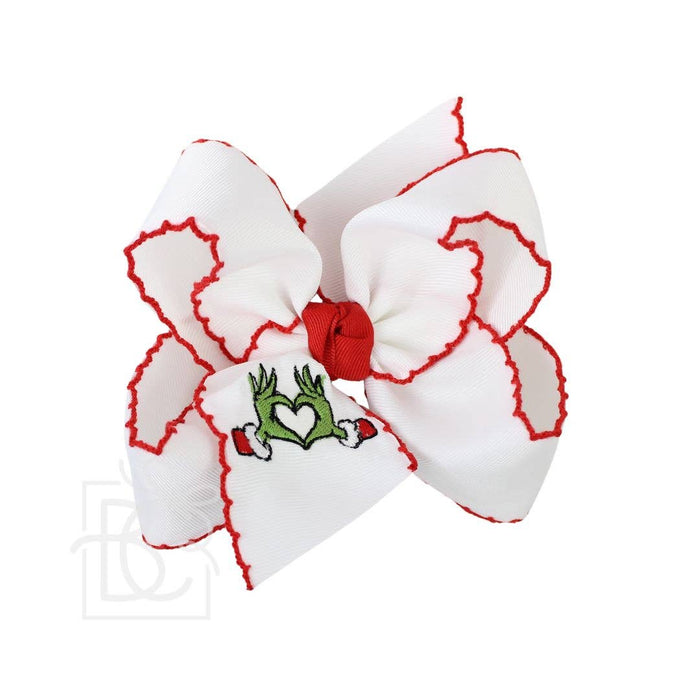 5.5" Embroidered Grinch Heart Crochet Edge Hair Bow