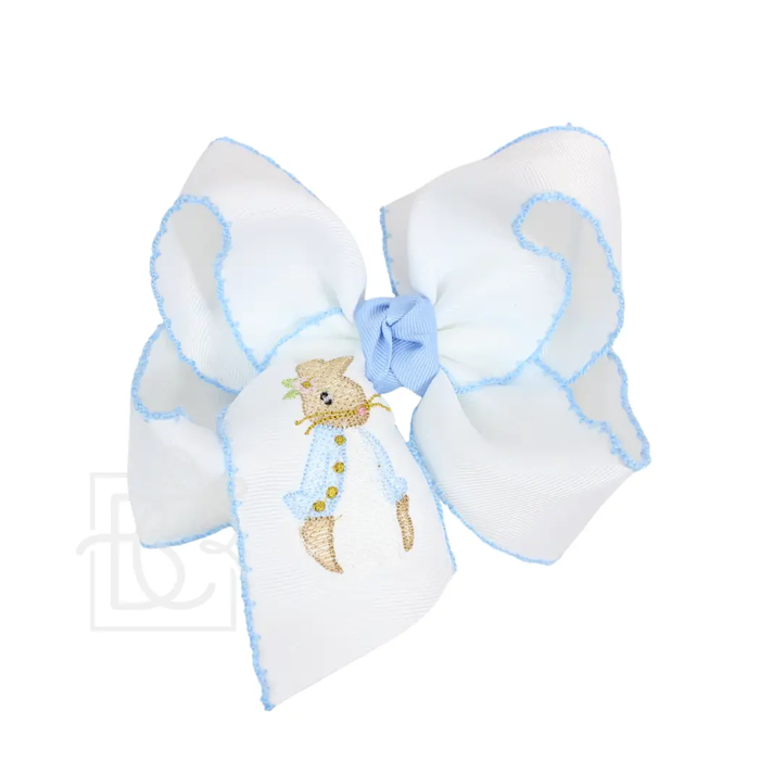 5.5" Embroidered Peter Rabbit Crochet Edge Hair Bow: White w/ Millennium Blue Edge