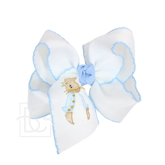 5.5" Embroidered Peter Rabbit Crochet Edge Hair Bow: White w/ Millennium Blue Edge