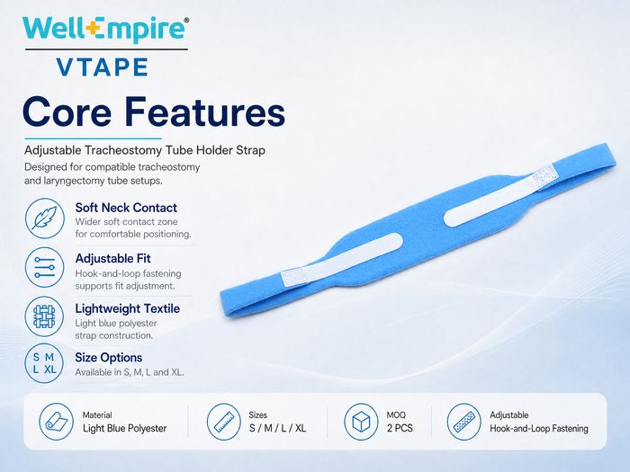 WellEmpire VTAPE core features infographic for light blue adjustable tracheostomy tube holder strap