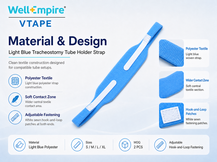 WellEmpire VTAPE material and design infographic for light blue polyester tracheostomy holder strap