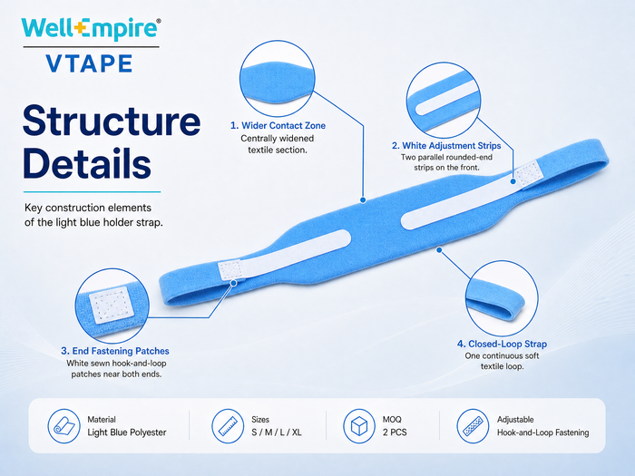 WellEmpire VTAPE structure details infographic showing tracheostomy holder strap fastening and contact zones