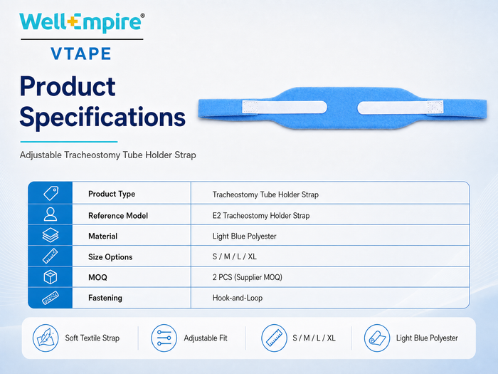 WellEmpire VTAPE product specifications infographic for light blue tracheostomy tube holder strap