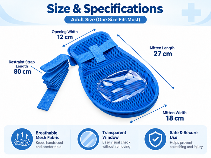 Adult protective care mitten size guide with 27 cm length, 18 cm width, 12 cm opening width and 80 cm strap