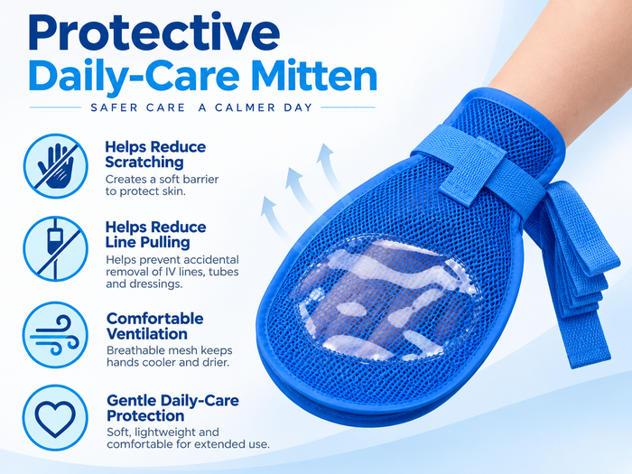 Adult protective daily-care mitten designed to help reduce scratching and accidental pulling of lines or dressings