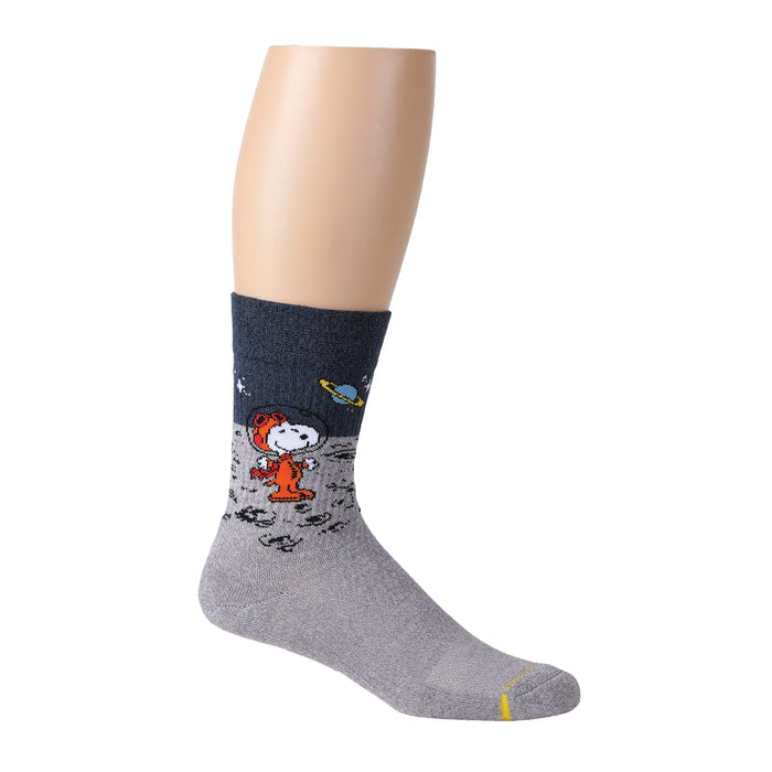 Navy and light grey marled crew compression socks for men featuring an astronaut Snoopy design.