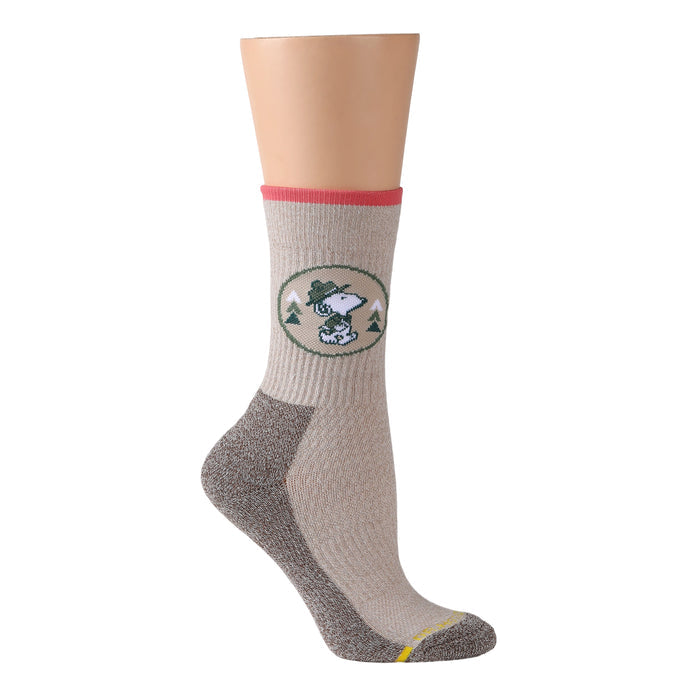 Ivory oat marl crew compression socks featuring Snoopy and the Beagle Scouts earning badges.