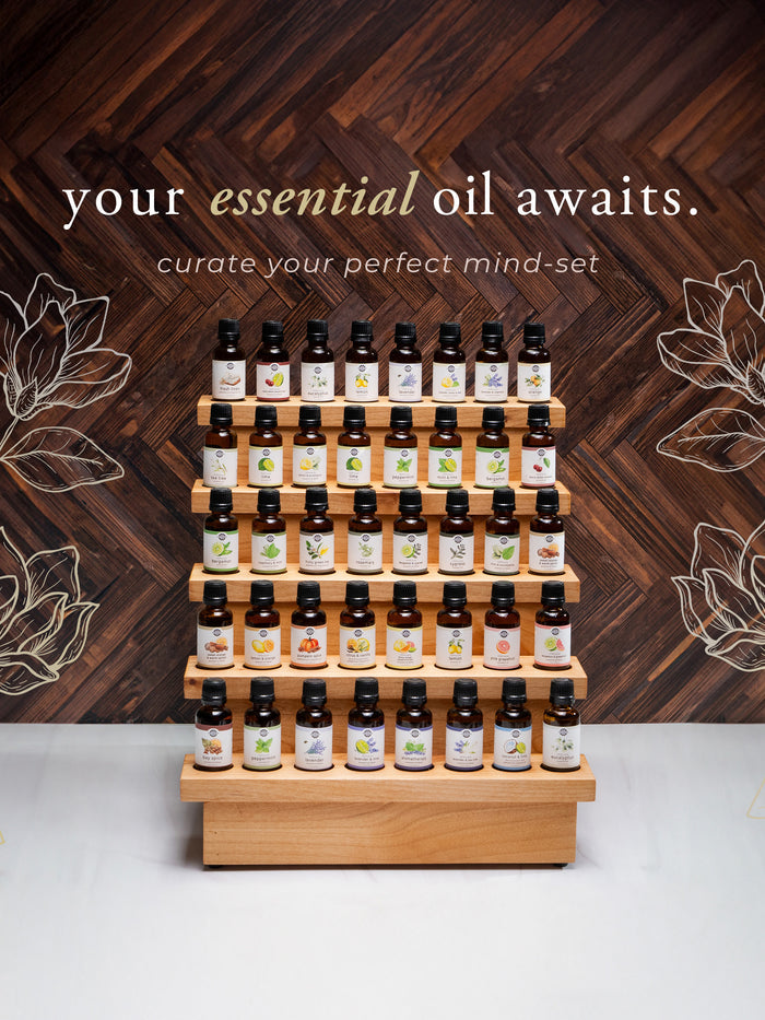 Rustic Strength, Scent Oil graphic depicting a display of 1oz oils with the caption "Your Essential Oil Await. Curate your perfect mind-set"