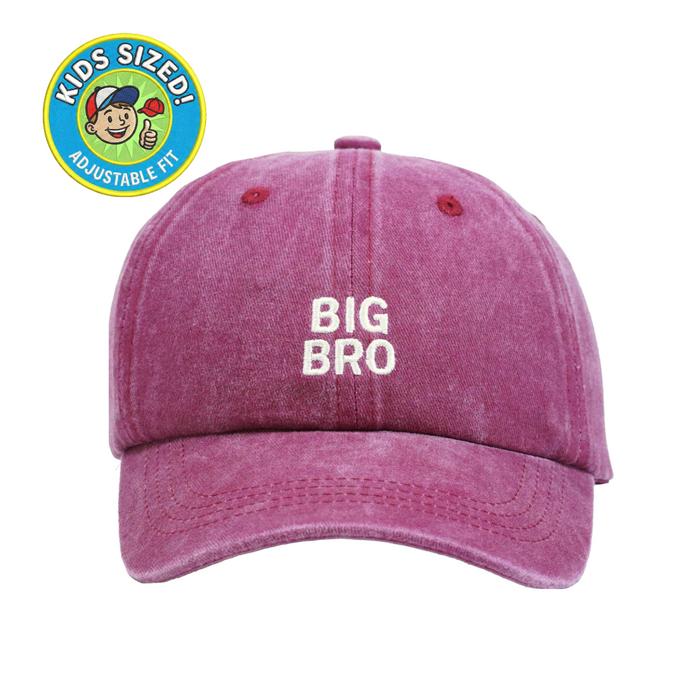 Big Bro Kid’s Hat – Wine-washed embroidered kids cap with “Big Bro” text. A meaningful sibling keepsake gift from Dad Brand.