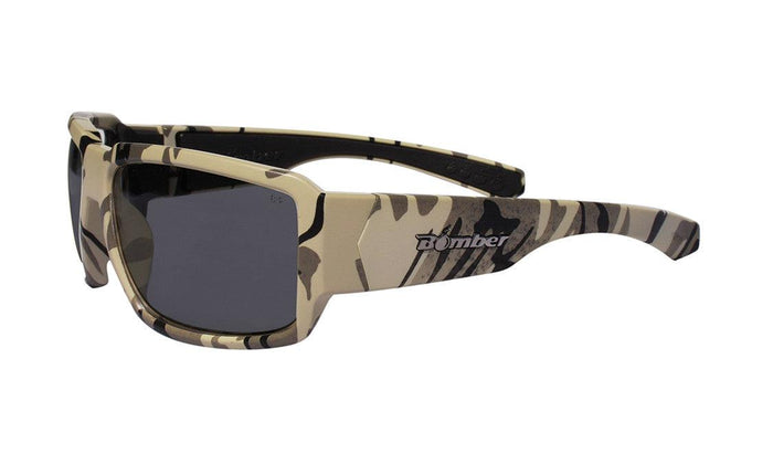 Side view of the smoke camo Bomber Boogie Bomb Z87+ safety sunglasses