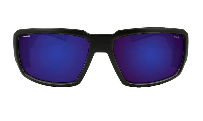 Front view of the Bomber Boogie Bomb Z87+ polarized safety sunglasses in blue mirror