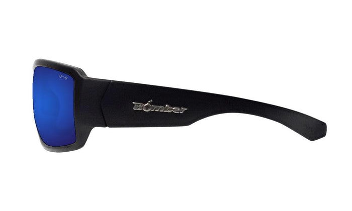 Bomber Boogie Bomb blue polarized safety sunglasses with the included head strap