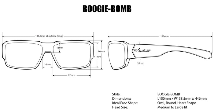 Dimensions diagram for the Bomber Boogie Bomb polarized safety sunglasses sizing